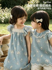 Toddler Girls' Summer Outfit Set: Flutter Sleeve Doll Collar Dress, Square Neck Dress, Straight Leg Jeans, Embroidered Bucket Hat