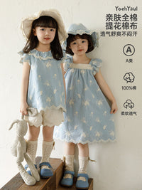 Toddler Girls' Summer Outfit Set: Flutter Sleeve Doll Collar Dress, Square Neck Dress, Straight Leg Jeans, Embroidered Bucket Hat