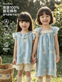 Toddler Girls' Summer Outfit Set: Flutter Sleeve Doll Collar Dress, Square Neck Dress, Straight Leg Jeans, Embroidered Bucket Hat