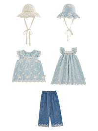 Toddler Girls' Summer Outfit Set: Flutter Sleeve Doll Collar Dress, Square Neck Dress, Straight Leg Jeans, Embroidered Bucket Hat