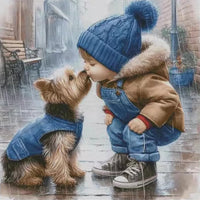 New Cross Stitch Kit: Kissing Children and Dog Pattern for Living Room, Bedroom, Kids Room Decor