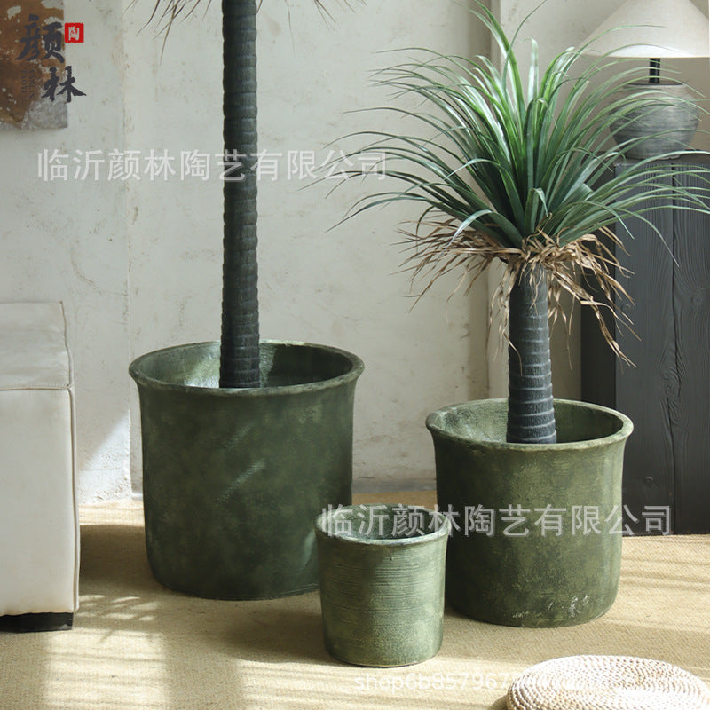 Moss Green Cylindrical Cement Planter Large Caliber for Living Room Balcony Hotel Mall Large Green Plant Decoration Pot