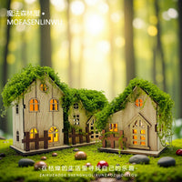 Miniature Landscape Forest Wooden House Ornament with Light Moss Roof for DIY Craft Decoration