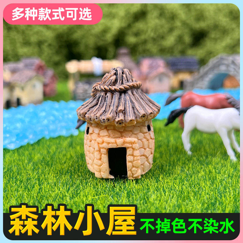 Moss Micro Landscape Ornament Thatched House Fish Tank Landscaping Retro Rural Resin Small House Creative Crafts