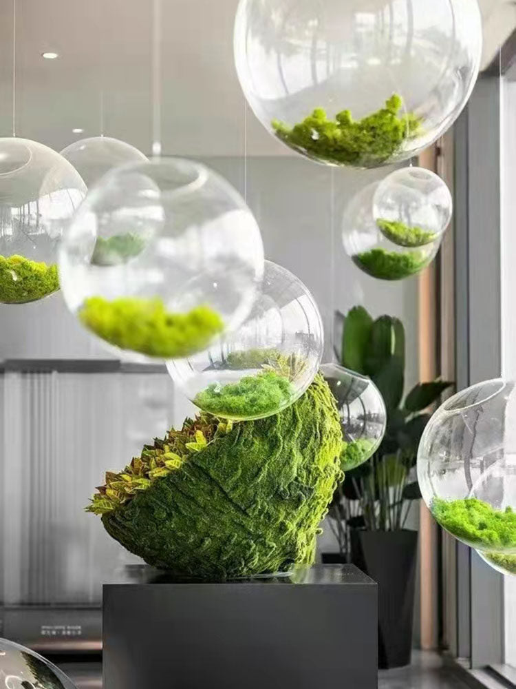 Artificial Moss Ball Acrylic Hanging Ball Moss Hemisphere Stainless Steel Ball Display Stand Hotel Lobby Window Prop Decoration