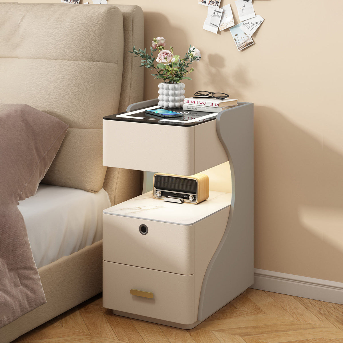 Luxury Smart Bedside Table Narrow Home Bedroom Small Apartment Multifunctional Modern Minimalist Floor Standing Three-Drawer Storage Cabinet