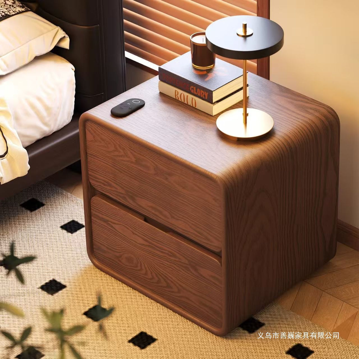 Luxury Leather Bedside Table with Storage, Solid Wood Nightstand, Modern Minimalist Retro Style for Bedroom