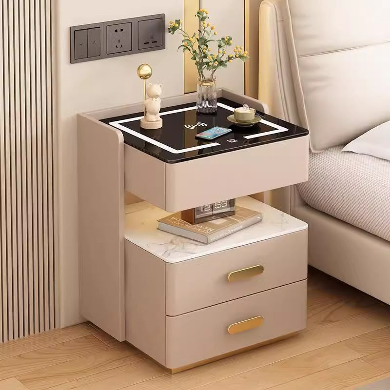 Smart Bedside Table with Wireless Charging, Bluetooth Speaker, and Rock Slab Top - Modern Luxury Nightstand for Bedroom Storage