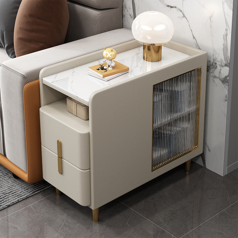 Luxury Solid Wood Side Table with Rock Slab Top, USB Charging, and Storage Cabinet for Sofa or Bedside