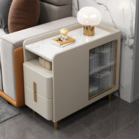 Luxury Solid Wood Side Table with Rock Slab Top, USB Charging, and Storage Cabinet for Sofa or Bedside