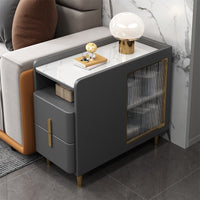 Luxury Solid Wood Side Table with Rock Slab Top, USB Charging, and Storage Cabinet for Sofa or Bedside