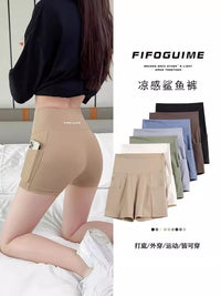 Women's Pocket Shark Pants, Thin Summer Anti-Chafing Safety Shorts, Tummy Control, Butt Lift, Fitness Yoga Barbie Leggings