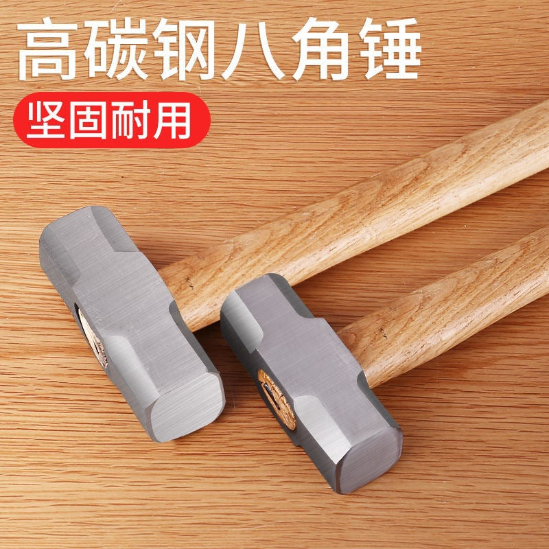 Heavy-Duty Octagonal Head Hammer with Wooden Handle for Demolition and Construction, Multi-functional Masonry Tool