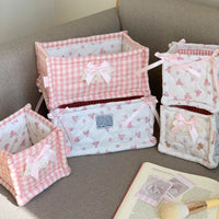 Korean Ins Pink Plaid Quilted Storage Basket High-Value Living Room Snack Sundries Organizer Bedside Storage Basket