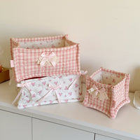 Korean Ins Pink Plaid Quilted Storage Basket High-Value Living Room Snack Sundries Organizer Bedside Storage Basket