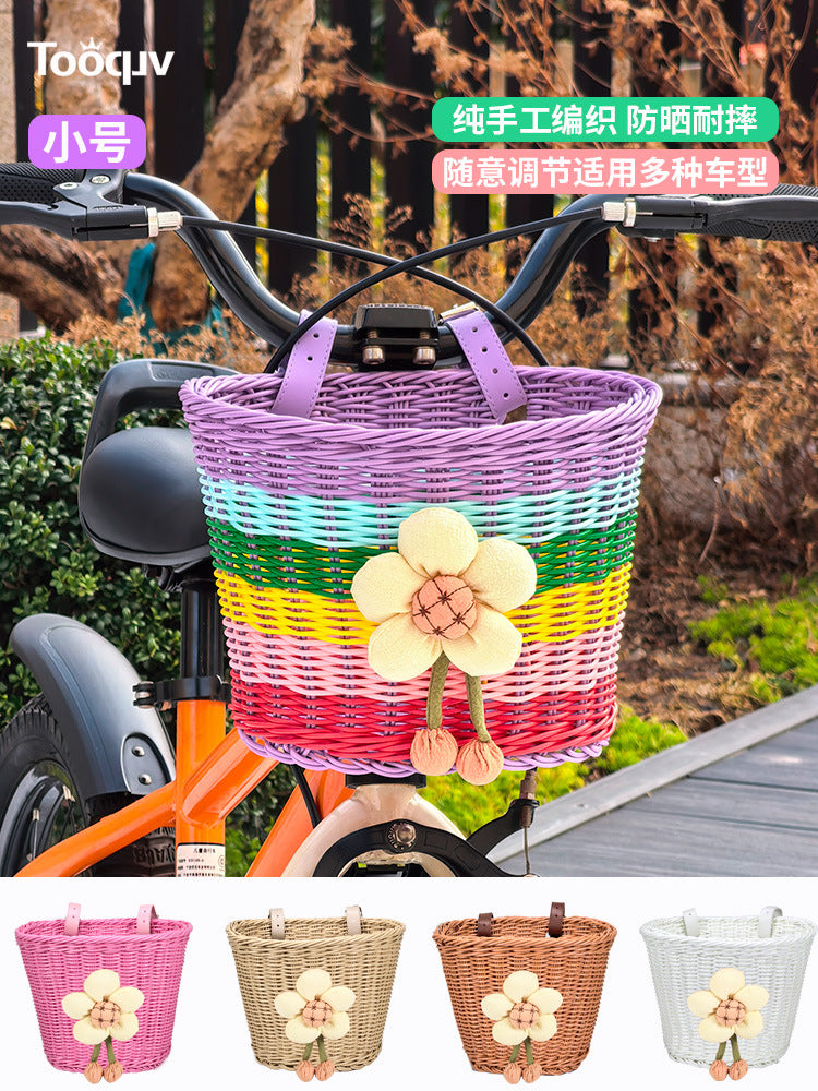 Kids Bicycle Basket Retro Cartoon Woven Front Basket for Children's Bikes