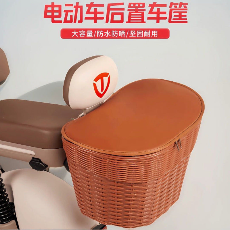 Electric Bicycle Rear Basket with Lid, Motorcycle Tail Storage Basket, Backrest Vegetable Basket for E-Bike