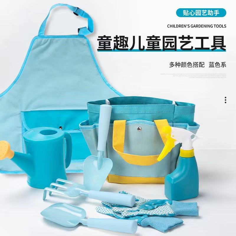 Kids Gardening Tool Set Macaron Blue Yellow Watering Can Spray Bottle Gloves Shovel Rake Trowel for Indoor Outdoor Plants