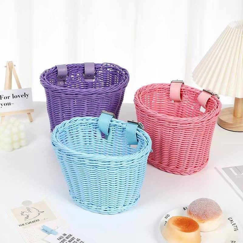 Hand-Woven Rattan-Style Bicycle Basket for Kids' Scooters and Bikes, Small Open-Top Detachable Storage Basket
