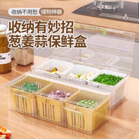 Refrigerator Fresh-keeping Box with Lid, Three-Compartment Draining and Sealing Box for Ginger, Garlic, and Fruits