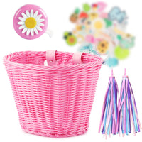 Kids Woven Bicycle Basket Set with Bell, Handlebar Tassels, and Stickers - Imitation Rattan Design for Children's Bikes