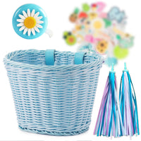 Kids Woven Bicycle Basket Set with Bell, Handlebar Tassels, and Stickers - Imitation Rattan Design for Children's Bikes