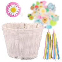 Kids Woven Bicycle Basket Set with Bell, Handlebar Tassels, and Stickers - Imitation Rattan Design for Children's Bikes