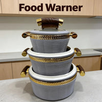 3-Piece Striped Gold Rim Insulated Food Warmer Set - 0.8L, 2.0L, 3.5L
