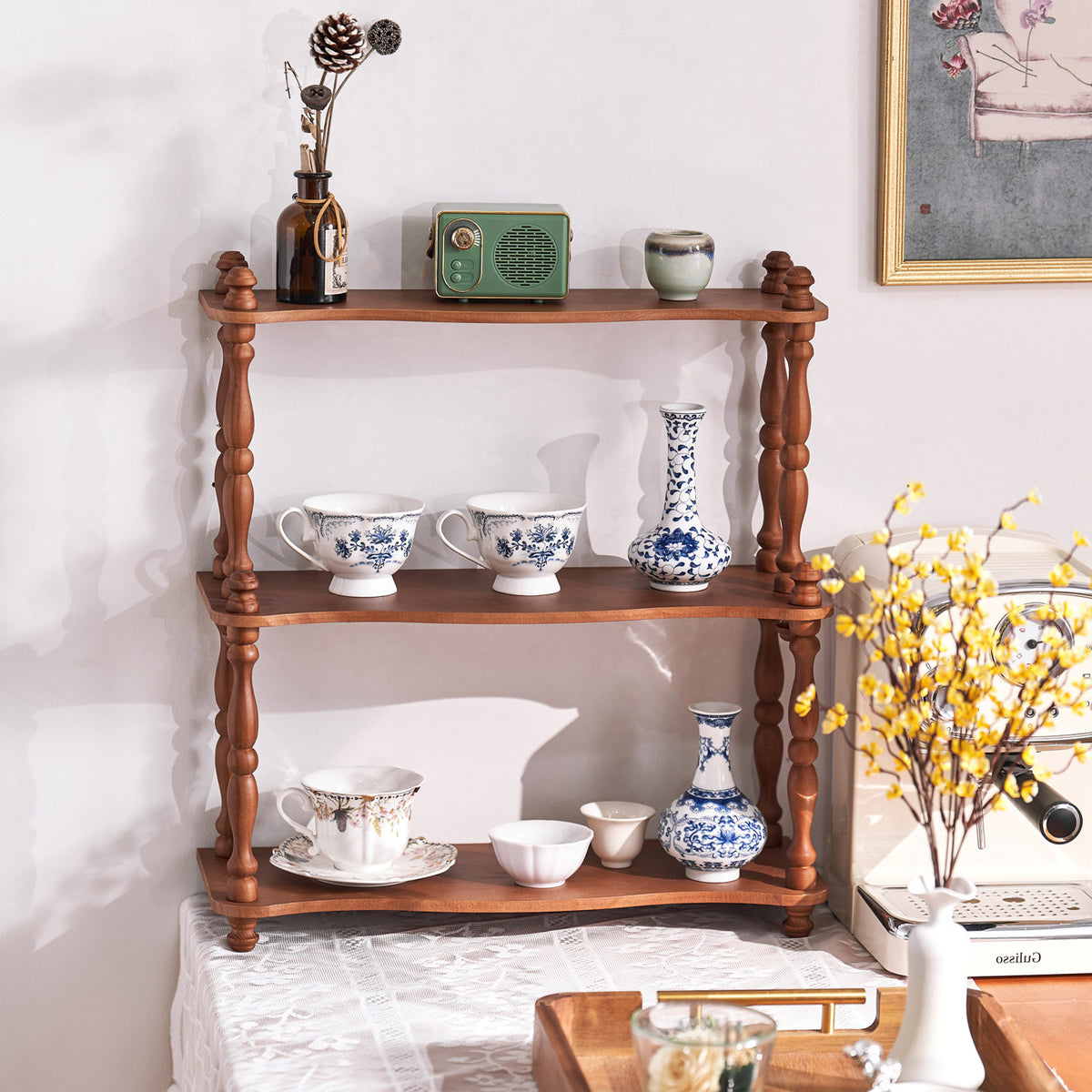 Vintage Solid Wood Retro Desktop Multi-layer Storage Shelf Decorative Corner Living Room Floor Flower Stand Display Rack