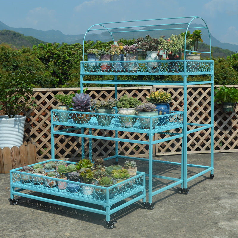 Multi-layer Iron Art Succulent Plant Stand with Wheels and Rain Cover for Balcony Patio Indoor Outdoor
