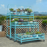Multi-layer Iron Art Succulent Plant Stand with Wheels and Rain Cover for Balcony Patio Indoor Outdoor