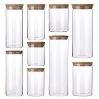High Borosilicate Glass Food Storage Jar with Bamboo Lid - Kitchen Cereal Tea Coffee Container - Round Transparent Canister