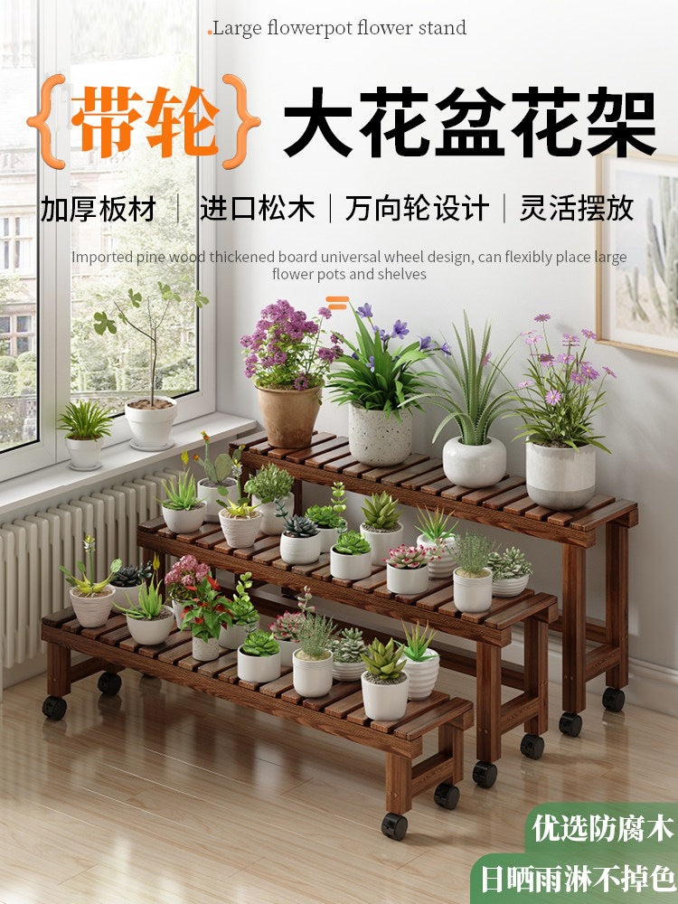 Multi-tier Solid Wood Plant Stand with Wheels, Outdoor Ladder Flower Pot Shelf, Balcony Living Room Display Rack