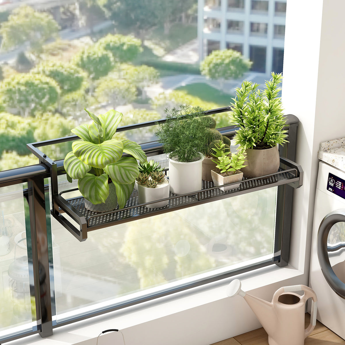 Balcony Hanging Flower Pot Rack Adjustable Iron Art Storage Shelf Succulent Plant Basket Railing Mounted Holder