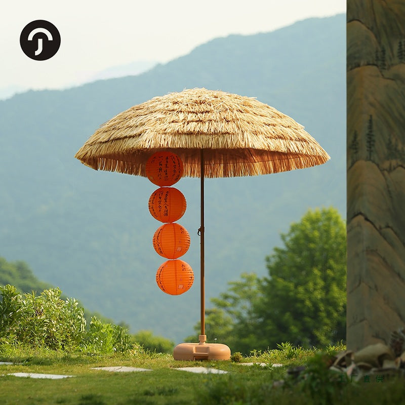 Outdoor Thatched Umbrella Simulation Straw Sunshade for Patio Beach Garden, Foldable UV Protection Parasol for Tea Ceremony