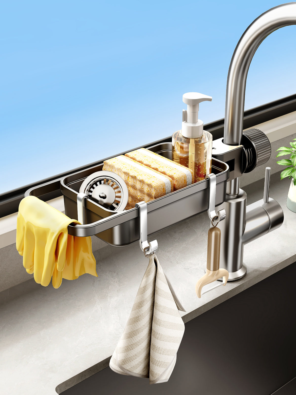 Kitchen Faucet Storage Rack Dishwashing Sink Drain Basket Multi-functional Cloth Organizer