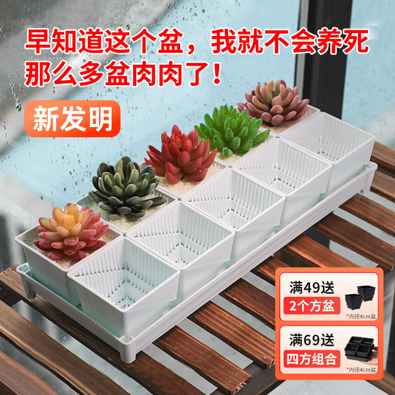 Meishi Small White Resin Succulent Planter Pot Set with Drainage Tray and Root Control Plastic Stand