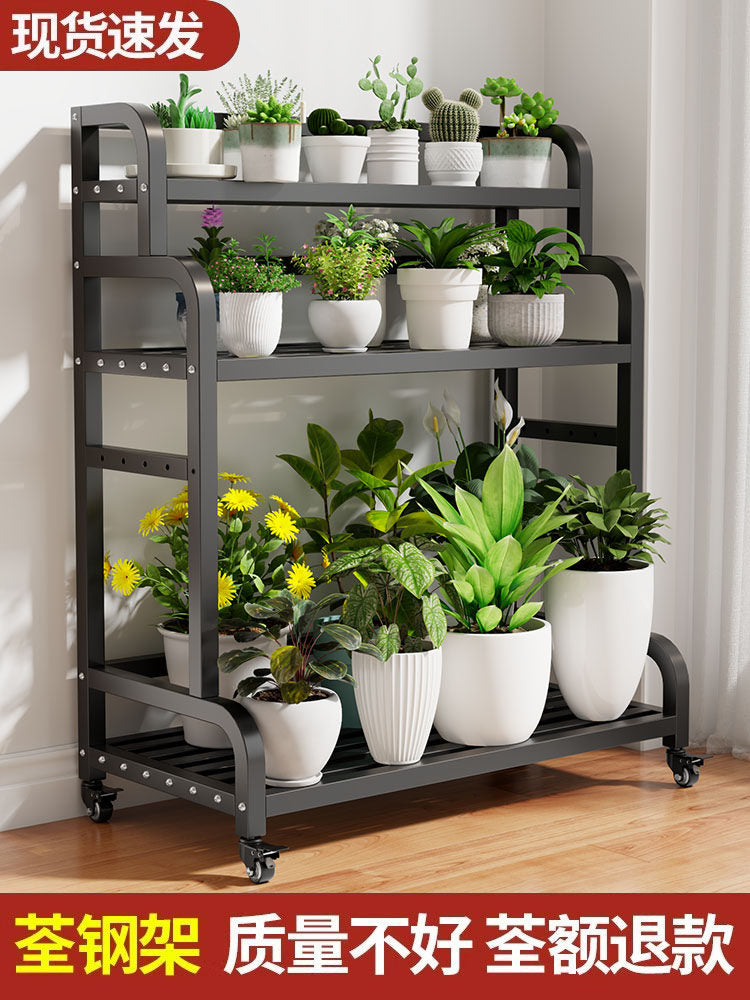 Multi-Tier Metal Plant Stand with Wheels, Indoor/Outdoor Ladder Shelf for Potted Plants, Balcony Display Rack