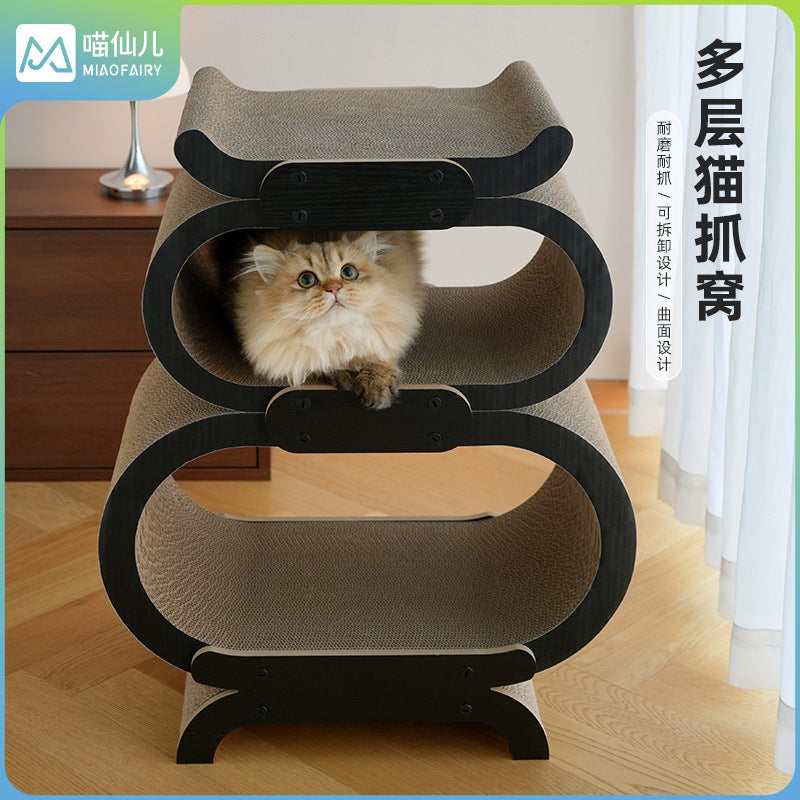 Meowxianer Vertical Corrugated Cardboard Cat Scratcher Lounge with Multi-Layer Cat Bed and Grinding Claw Post