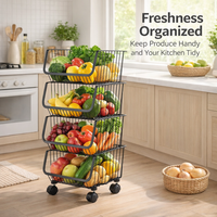 Stainless Steel Kitchen Storage Trolley on Wheels for Vegetables and Fruits, Rolling Bathroom Cart with Removable Baskets