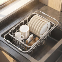 Expandable Dish Rack and Kitchen Sink Drainer with Utensil Holder, Stainless Steel Sink Organizer, Over the Sink Drainer for Kitchen Counter