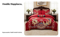 4 Pieces Festive Red Color Embroidered serpent and firebird Bed Linen Traditional Wedding the couplee Bedding Set Auspicious Design Bedroom Linens plush texture for Newlyweds, Gift Givers, Families, Bridal Room