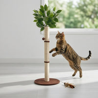 Artificial Leaves Feline Scratching Post Hanging Ball Toy Sisal Scratching Post Beige Trunk Tree Feline Scratcher Round Base