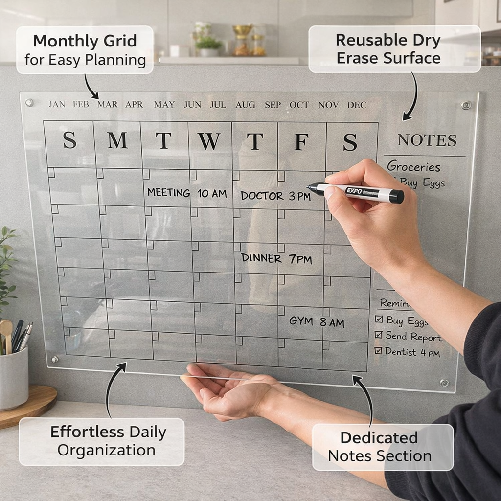 Acrylic Erasable Calendar Board with Storage Box Surface, Message for Kitchen, Planning for Office
