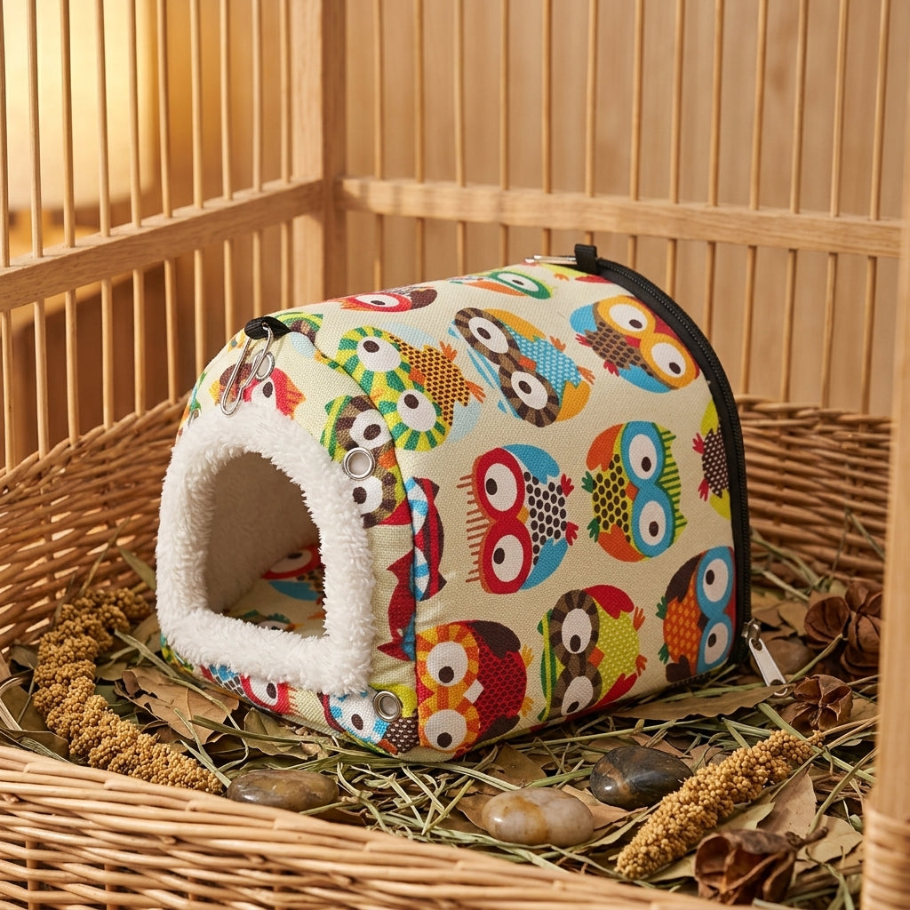 Extra-Thick Parrot Nest House, Insulated Bird Nest for Winter Roosting, Hanging Birds House with Fleece Lining and Owl Pattern for Small Pets