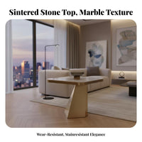 Light Luxury Aesthetic Geometric Base Side Table Italian design Geometric Pedestal Table Stone-Look Top Living Room Furniture multi-functional Use for Interior Designers, Apartment Dwellers, Homeowners, Balcony, Small Spaces, Bedroom, Entryway
