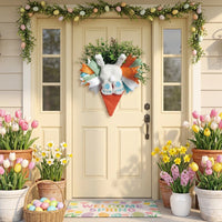 Easter Bunny Wreath Farmhouse Design Carrot Shaped Wall Hanging Colorful Ribbons Bunny Door Decoration for Homeowners, Kids, Porch, Indoor, Fireplace