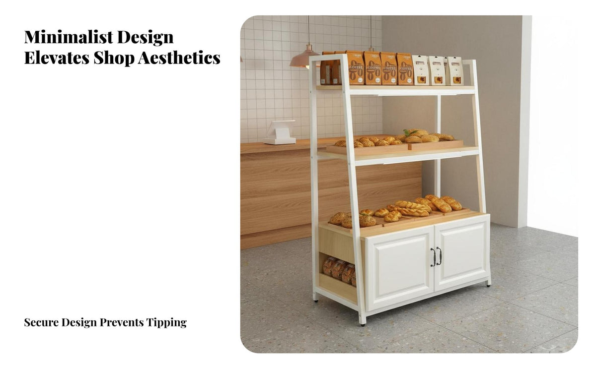 Bakery Display Rack Open Shelving Pastry Display Stand Sturdy Steel Frame Multi-Tier Bread Shelf with Cabinet for Cafe Owners, Adults, Bakeries, Cafes