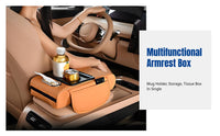 Car Armrest Pad, Universal Multifunctional Leather Pad with Beverage Holder, Storage, Heightening Pad, Tissue Box
