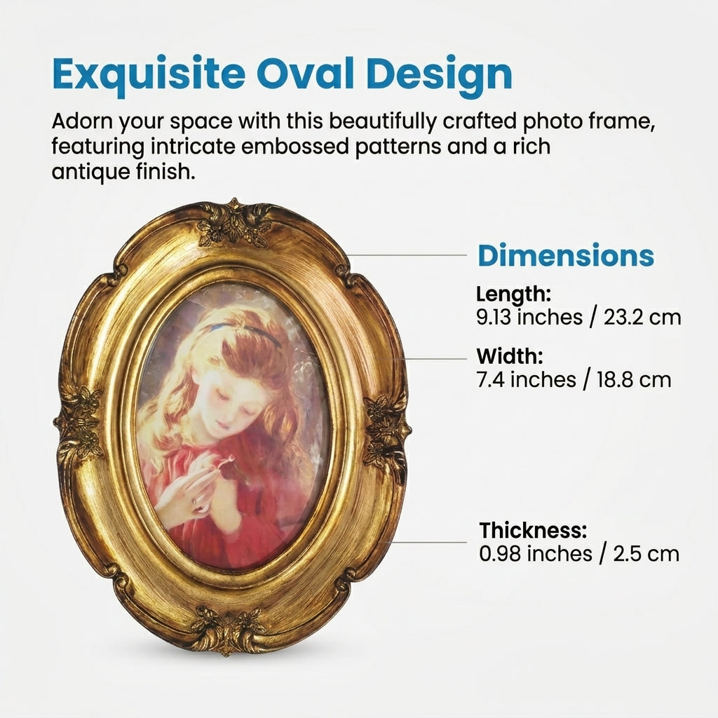 Oval Picture Frame Antique Gold, Vintage Ornate Photo with Embossed Floral Design, European Classical Resin for Tabletop Wall Hanging